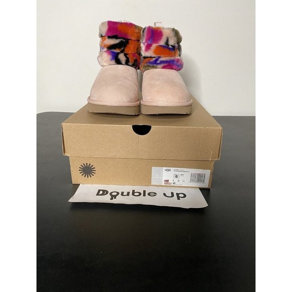 UGG Womens Fluff Mini Quilted Motlee Boots Size 6 Pink Tie Dye Rare - Picture 2 of 5